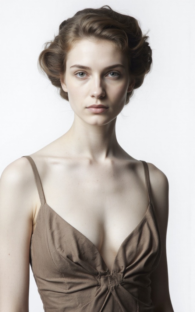 A French female model wearing a dress with a Low   collar, white background, front   facing bust portrait